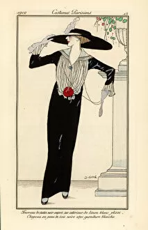 Woman in black satin sheath dress, black silk hat