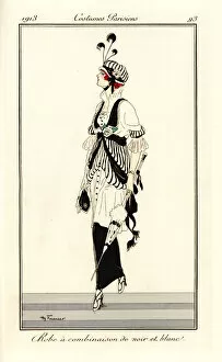 Russes Collection: Woman in black and white dress with matching bonnet, 1913