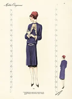 Woman in blue afternoon dress of crepe mongol over a satin slip