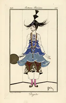 Images Dated 9th April 2019: Woman in a blue pagoda dress with necklaces and pantaloons