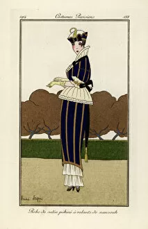 Satin Gallery: Woman in blue and yellow striped pekin silk satin dress
