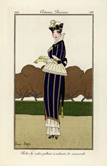 Images Dated 10th April 2019: Woman in blue and yellow striped pekin silk satin dress