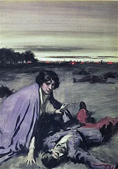 Woman with body of soldier on battlefield
