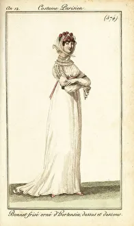 Carle Vernet Prints: Woman in a bonnet adorned with hydrangeas, Paris, 1804