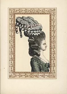 Curls Collection: Woman in bonnet with bells and ribbons, Bonnet