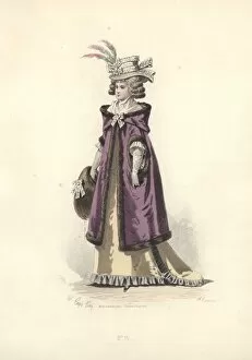 Compte Collection: Woman in bonnet trimmed with feathers, long