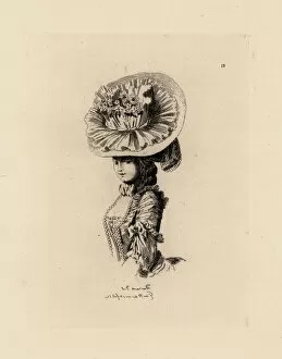 Coiffures Gallery: Woman in bonnet wtih flowers, era of Marie Antoinette