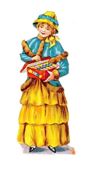 Woman with box of crackers on a Victorian Christmas scrap