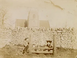Stocks Prints: Woman and three boys in or by the stocks