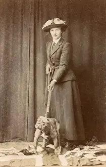Woman with bulldog on British flag
