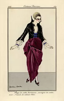 Woman in burgundy satin skirt and black satin jacket