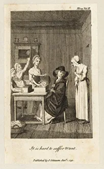 A woman buying hats from a hatmaking family, 18th century