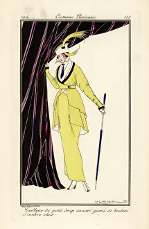 Madeleine Gallery: Woman in canary yellow dress with amber buttons