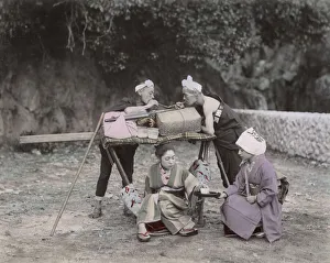 Conveyance Gallery: Woman being carried in kago, carrying chair, served tea