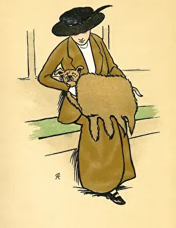 Emanuel Prints: Woman carrying a mongrel puppy in her fur muff
