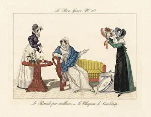 Woman on a chaise longue looking at a new hat Woman on a chaise longue looking at a new hat