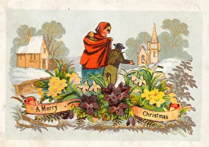Woman and children with flowers on a Christmas card