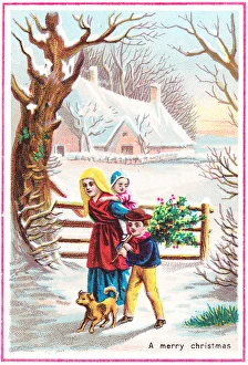 Woman and two children in snow on a Christmas card