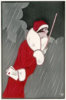Hurries Prints: Woman in Christmas outfit, posting letters, rain