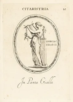 Woman cithara or zither player with statue