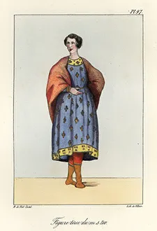Bossange Prints: Woman in cloak and tunic, hose and boots, 9th century