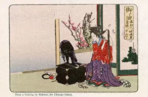Akasaka Gallery: Woman Combing Her Hair at Goyu by Hokusai