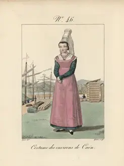 Caen Prints: Woman in costume of Caen in front of sailing
