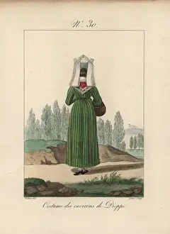 Femmes Prints: Woman in costume of Dieppe. Rear view of the tall bavolet bonnet with two long lace tails