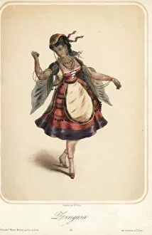 Woman in costume as a gypsy girl dancing with castanets
