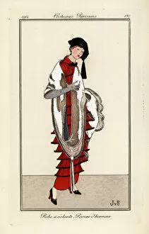 Woman in crimson dress with frills, ermine shawl