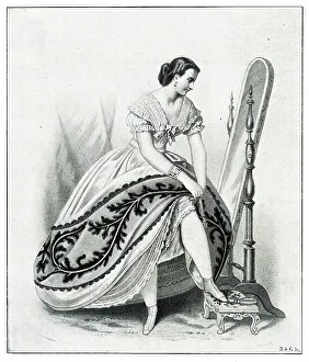 Garter Prints: Woman in crinoline dress, getting ready to go out