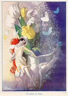 Coming Prints: Woman dancing around a bunch of tulips