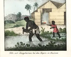A woman dips a new born baby in a pond, birth