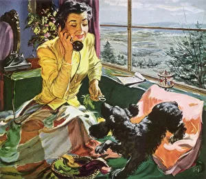 Antics Gallery: Woman with Dog on Phone Date: 1950