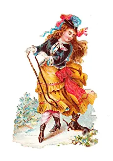 Walkies Prints: Woman with dog on a Victorian scrap
