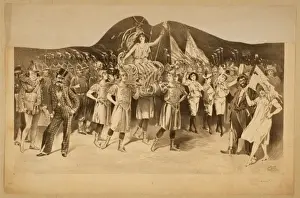 Woman draped in flag carried by women in Roman costume, surr