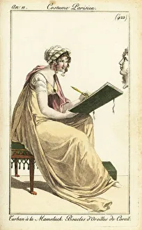 Woman drawing a classical bust in a sketchbook, Paris, 1802