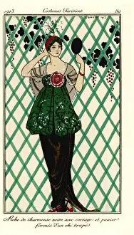 Stencil Collection: Woman in dress of black charmeuse satin, 1913