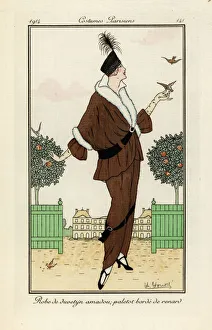 Images Dated 9th April 2019: Woman in dress of duvetyn and jacket bordered in fox fur