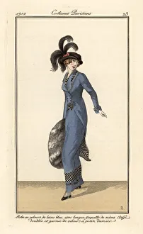 Images Dated 12th April 2019: Woman in dress and long jacket of blue wool velvet