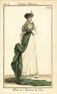 Carle Vernet Prints: Woman in dress and mantle for Napoleon's court, Paris, 1804