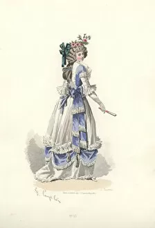 Woman in dress with ribbon frills, era of Marie Antoinette