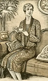 Settee Prints: Woman Drinks Tea on Sofa