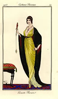 Images Dated 13th April 2019: Woman in elegant finery of low-cut, gold sheath