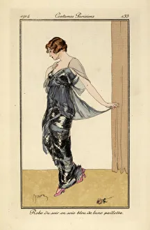 Images Dated 9th April 2019: Woman in evening dress of blue silk