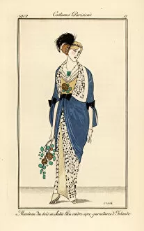 Woman in evening gown of ash blue satin with Irish lace