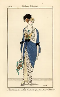 Soie Prints: Woman in evening gown of ash blue satin with Irish lace