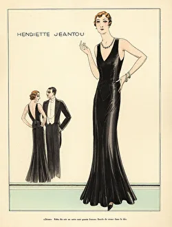 Haute Couture Prints: Woman in evening gown of black satin by Henriette Jeantou, 1931