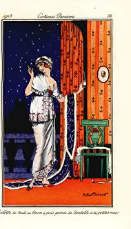 Woman in evening gown of polka-dot linen
