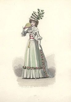 Woman in extravagant tall floral bonnet, wearing Woman in extravagant tall floral bonnet, wearing